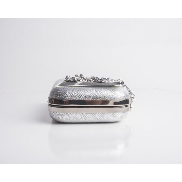 Chiara Boni Women Sliver Sparkle 40 Bianco Chain Leather Gloria Clutch Purse Box - Picture 4 of 8